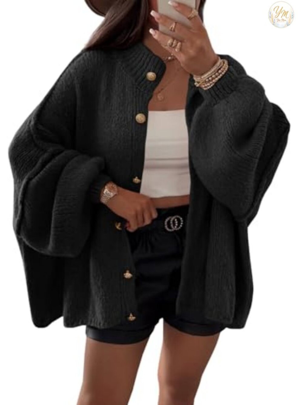 Oversized Button Down Long Lantern Sleeve Chunky Knit Cardigan Sweater Coat